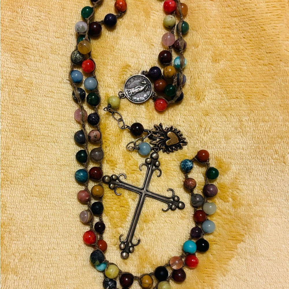 Source Unknown Colorful Beaded Necklace with Cross Pendant